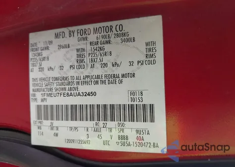 2010 Ford Explorer Limited z USA, uszkodzony, nr VIN 1FMEU7FE8AUA32450